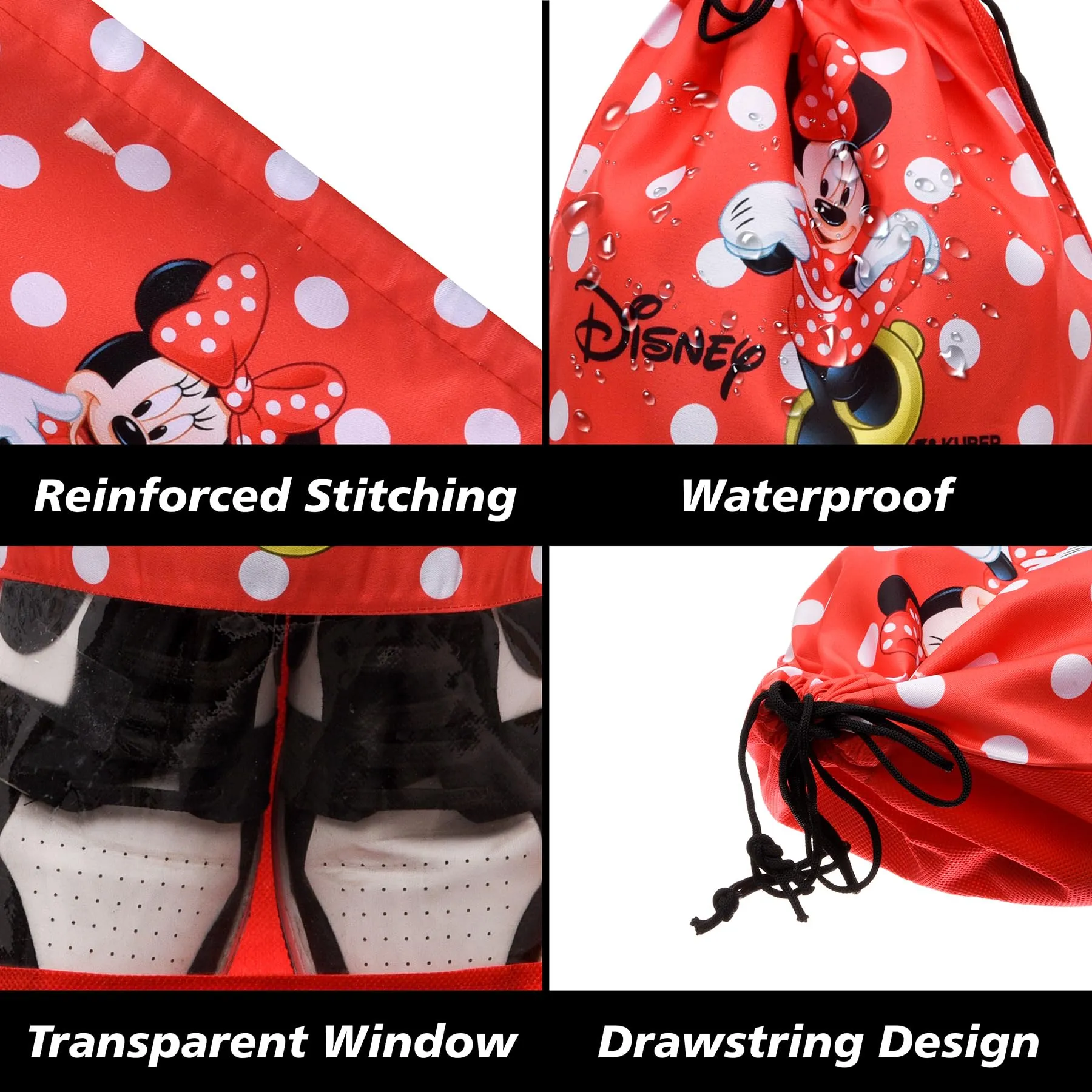 Kuber Industries Disney Minnie Shoe Cover | Travel Shoe Storage Bags | Polyester Storage Bag | Drawstring Shoe Cover | Shoe Organizer with Clear window | Pack of 6 | Red