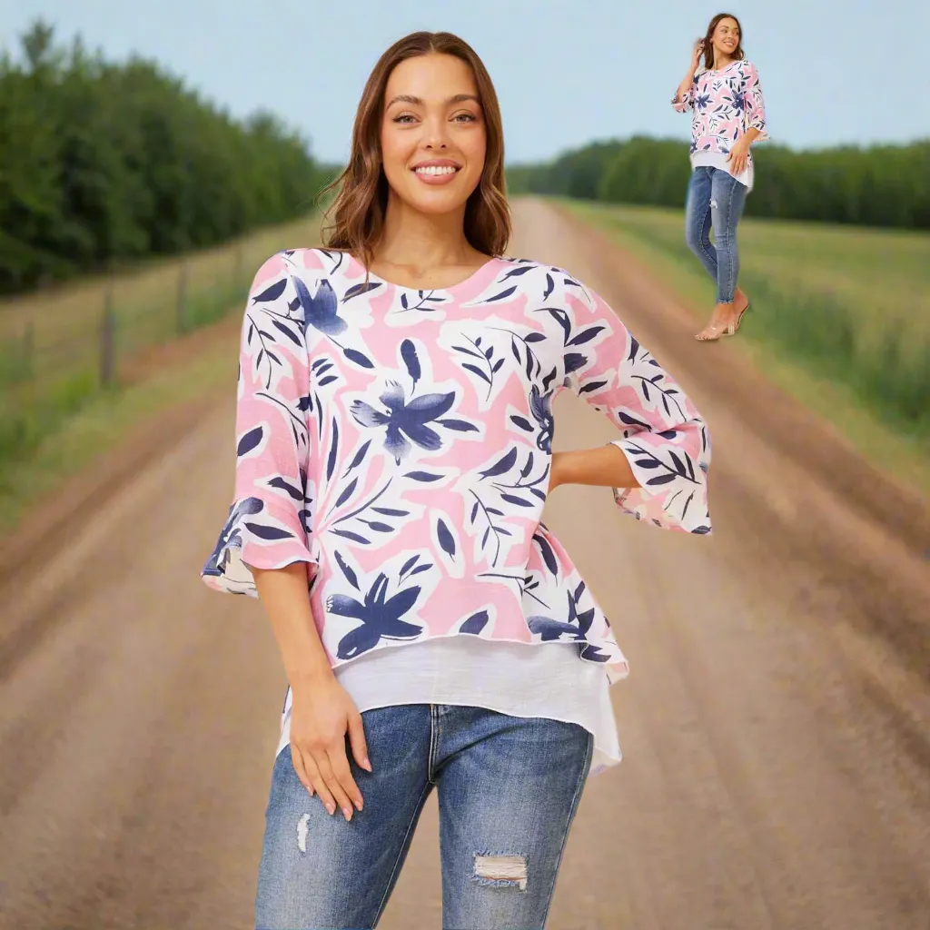 Layered Floral Top With 3/4 Sleeve - Pink