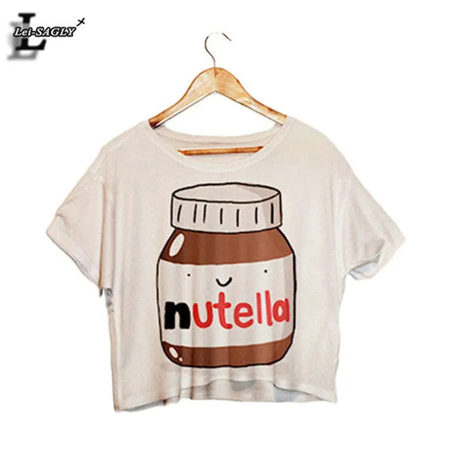 Lei-SAGLY 2016 Nutella Print White Crop Tops Summer Short Sleeve T shirts Harajuku Fitness Women Fashion Kawaii T-shirt F1003