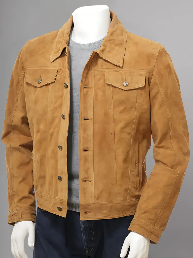 Men's Olive Suede Trucker Jeans Leather Jacket