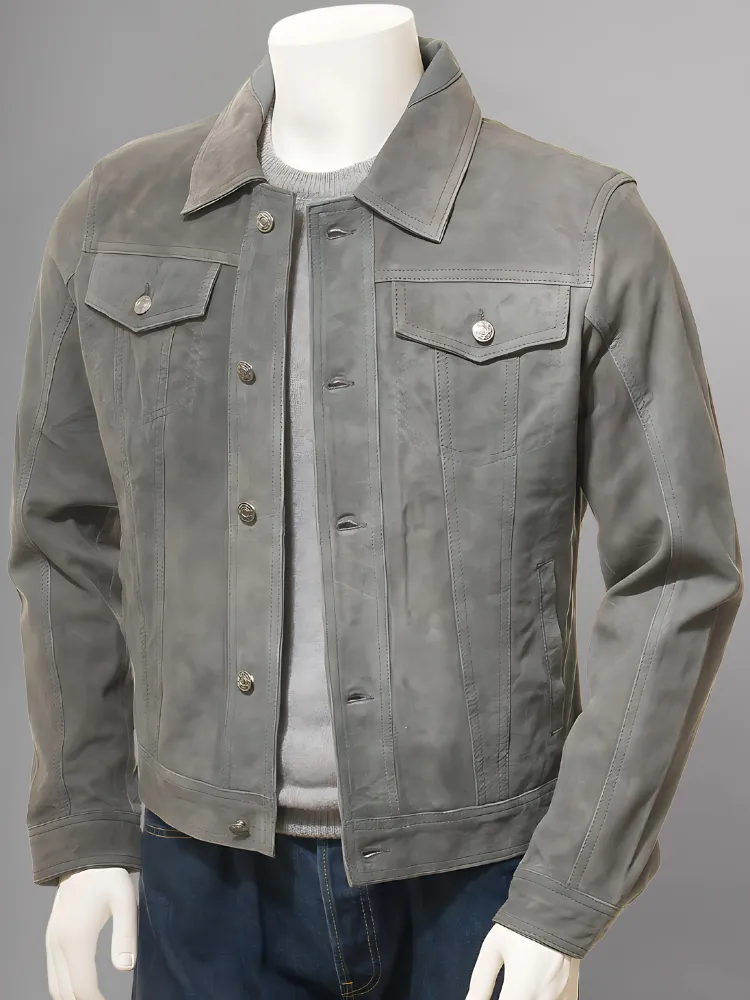 Men's Olive Suede Trucker Jeans Leather Jacket