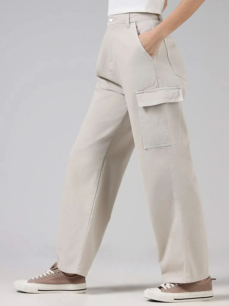 Nuon Solid Beige High-Rise Denim Cargo Relaxed Fit Pants