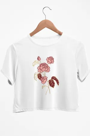 Pink Roses Graphic Printed White Crop Top