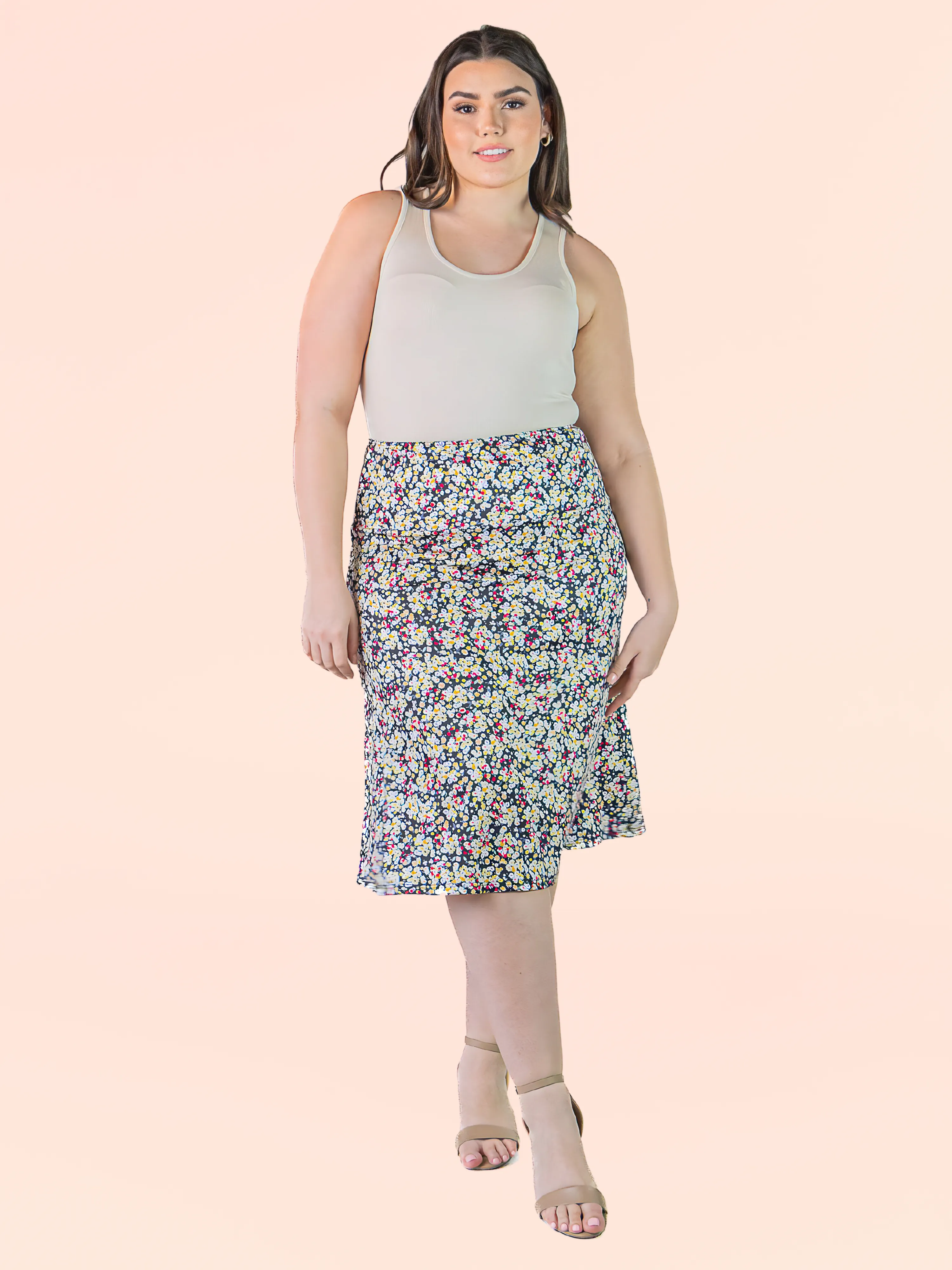 Plus Size Black Floral Print Elastic Waist Below Knee Length Skirt