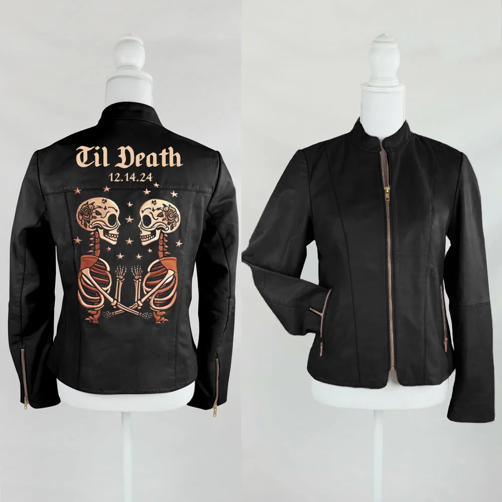 (Real Leather) Skeleton Couple Embroidery Leather Jacket