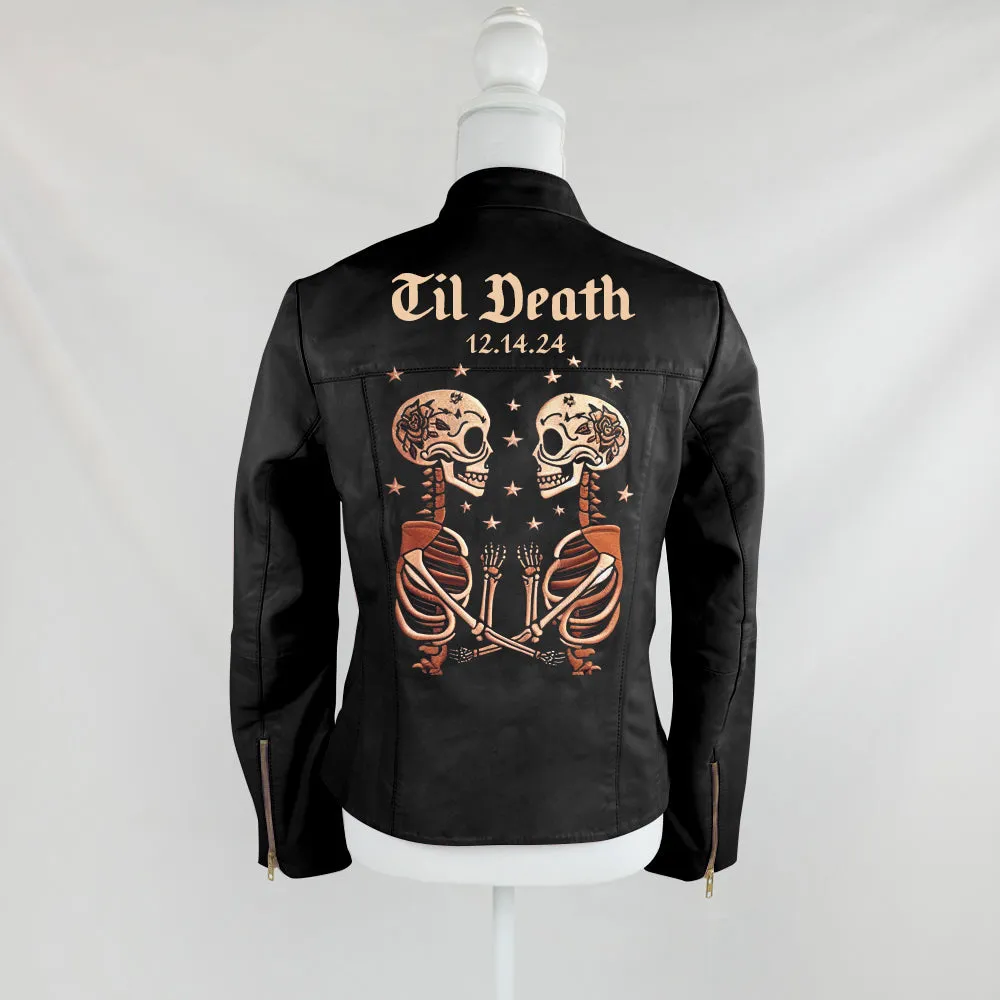 (Real Leather) Skeleton Couple Embroidery Leather Jacket