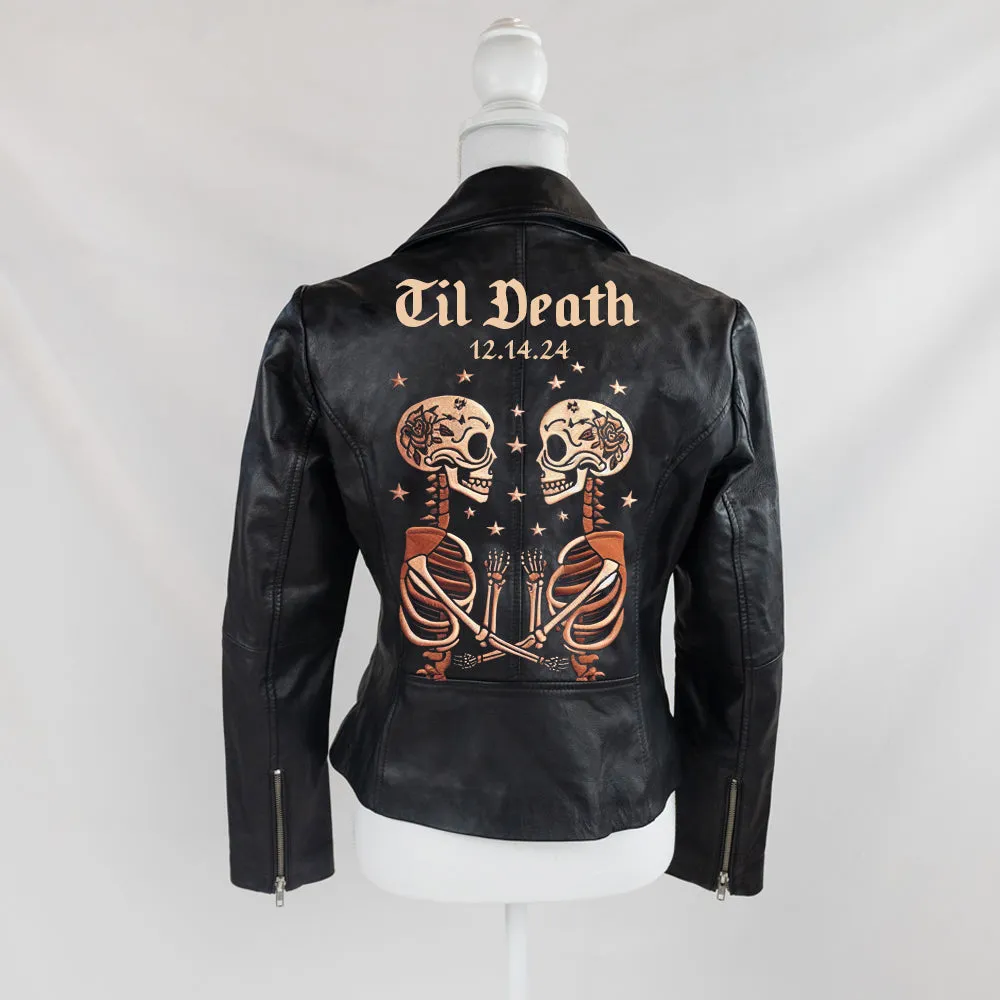 (Real Leather) Skeleton Couple Embroidery Leather Jacket