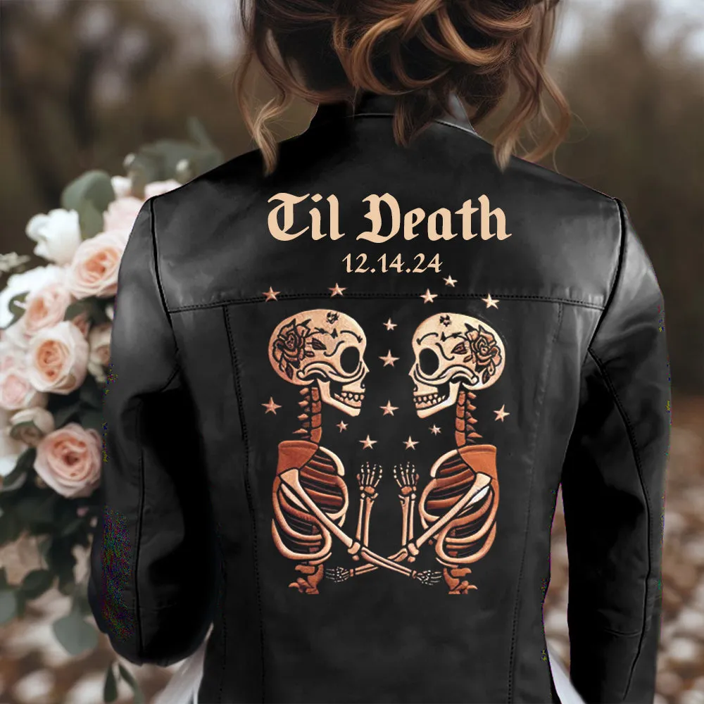 (Real Leather) Skeleton Couple Embroidery Leather Jacket