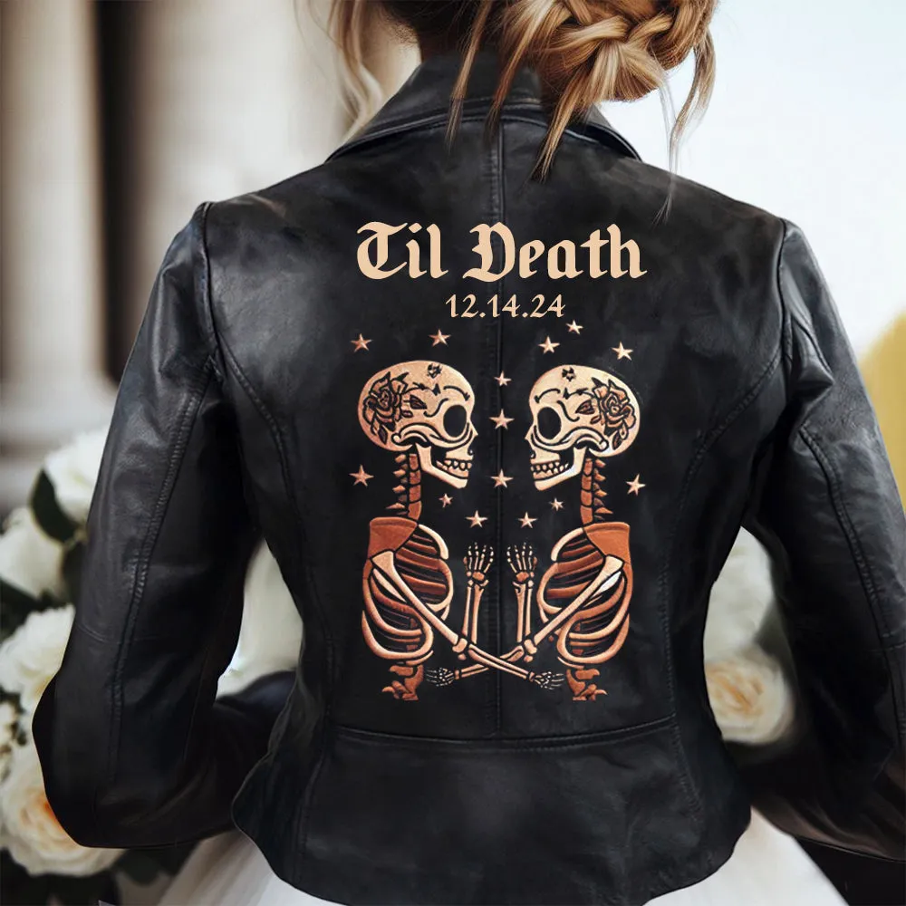 (Real Leather) Skeleton Couple Embroidery Leather Jacket