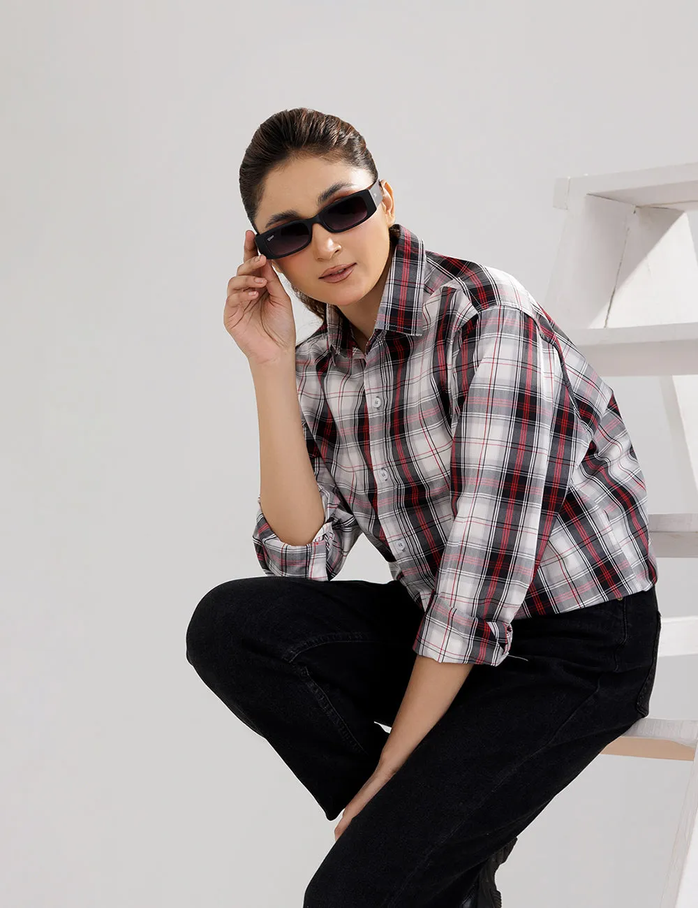 Red & White Check Casual Women Shirt