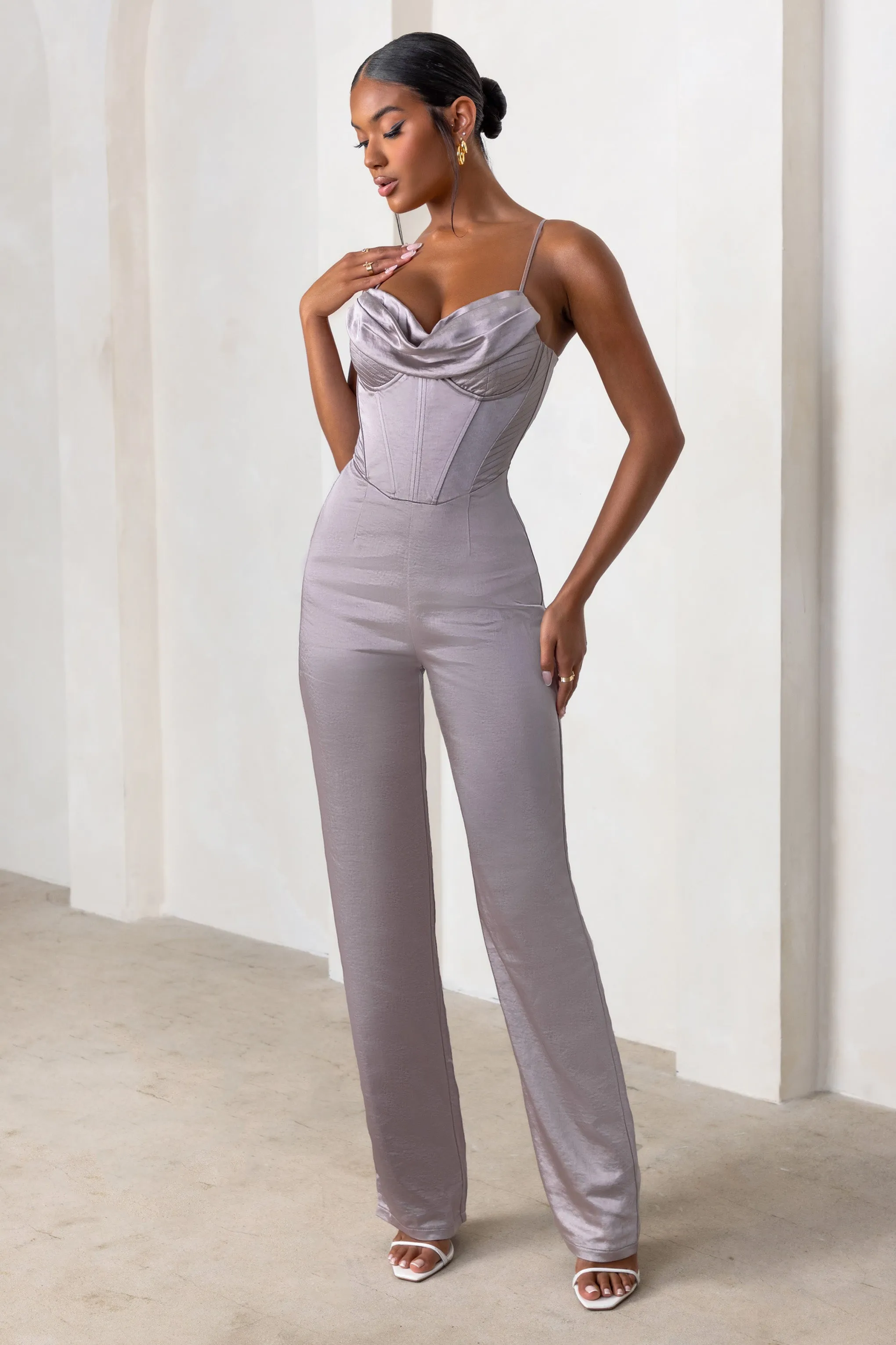 Reserved Destination | Mink Satin Pleated Front Drape Corset Straight Leg Jumpsuit