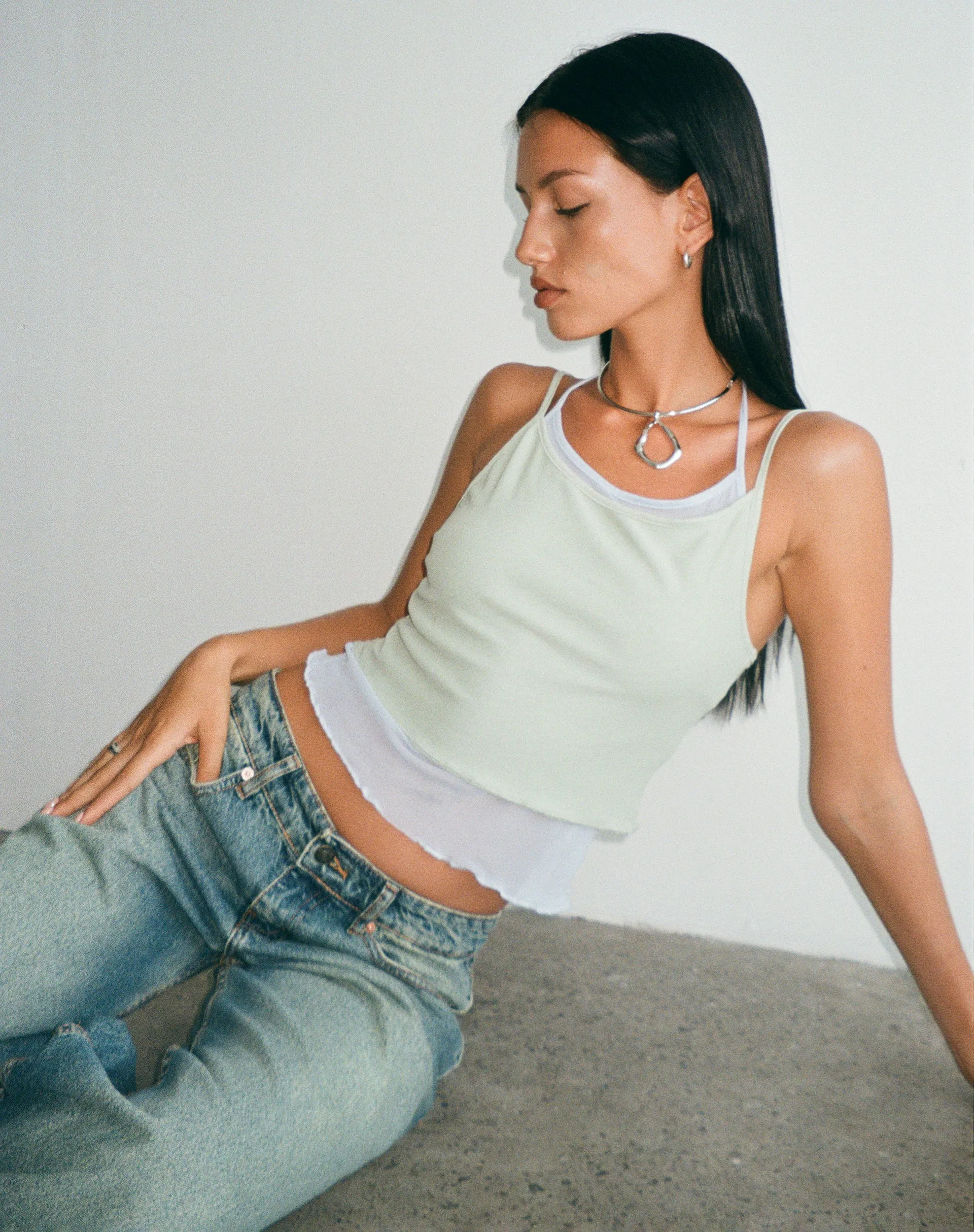 Sapphi Double Layered Cami Top in Frost Blue and Sage Green