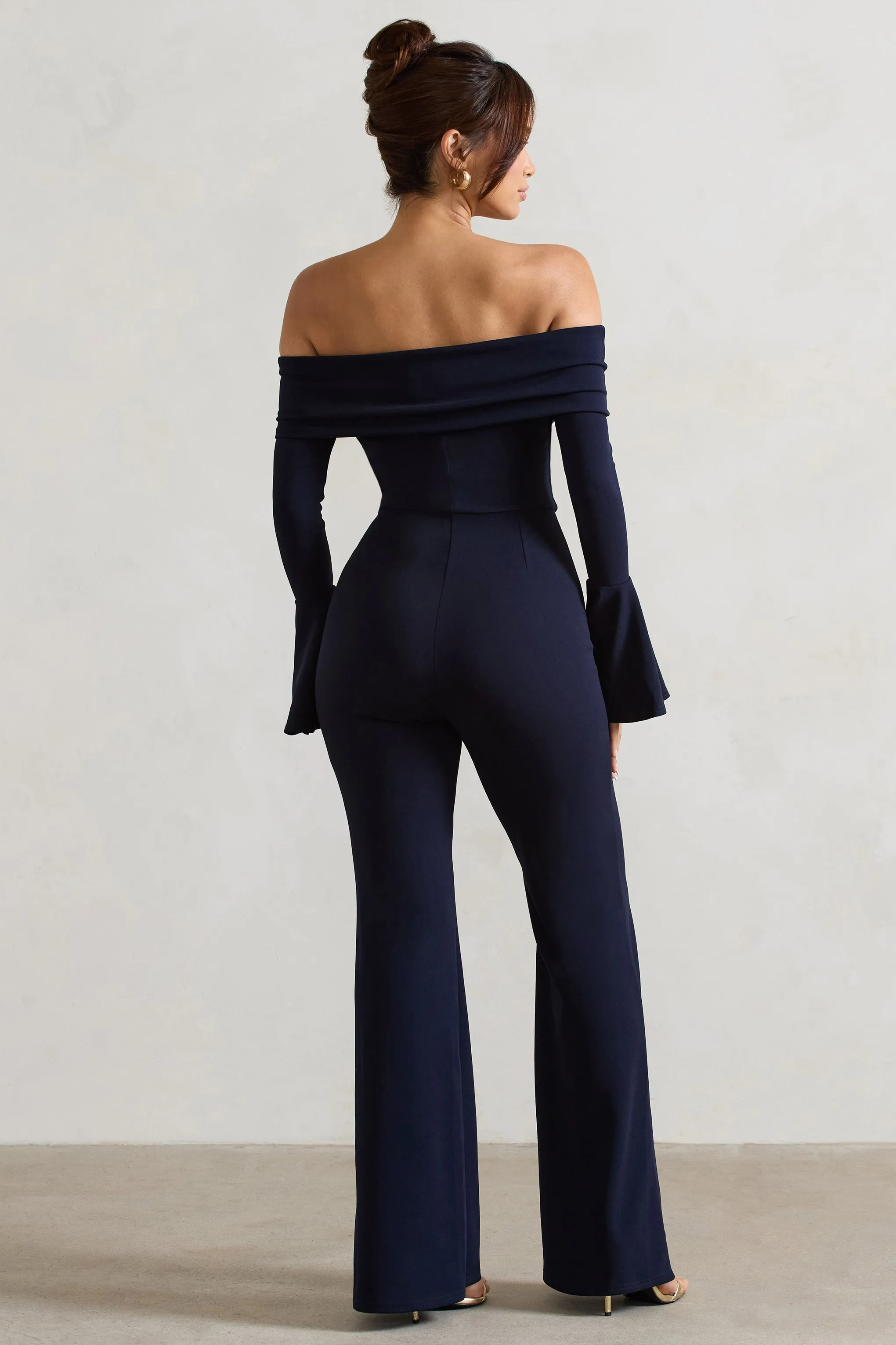 Shauna | Navy Bardot Long-Sleeve Flared Jumpsuit