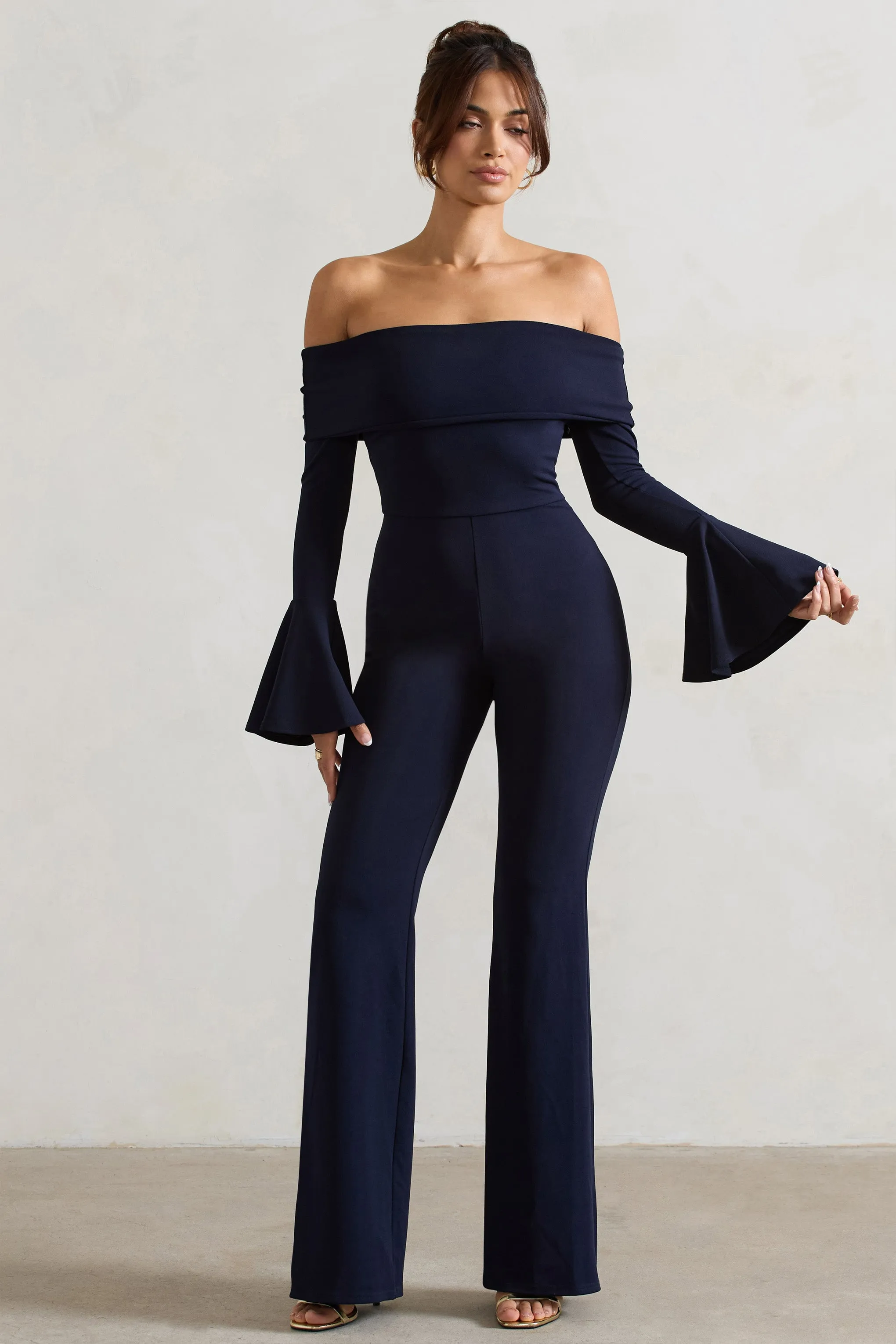 Shauna | Navy Bardot Long-Sleeve Flared Jumpsuit