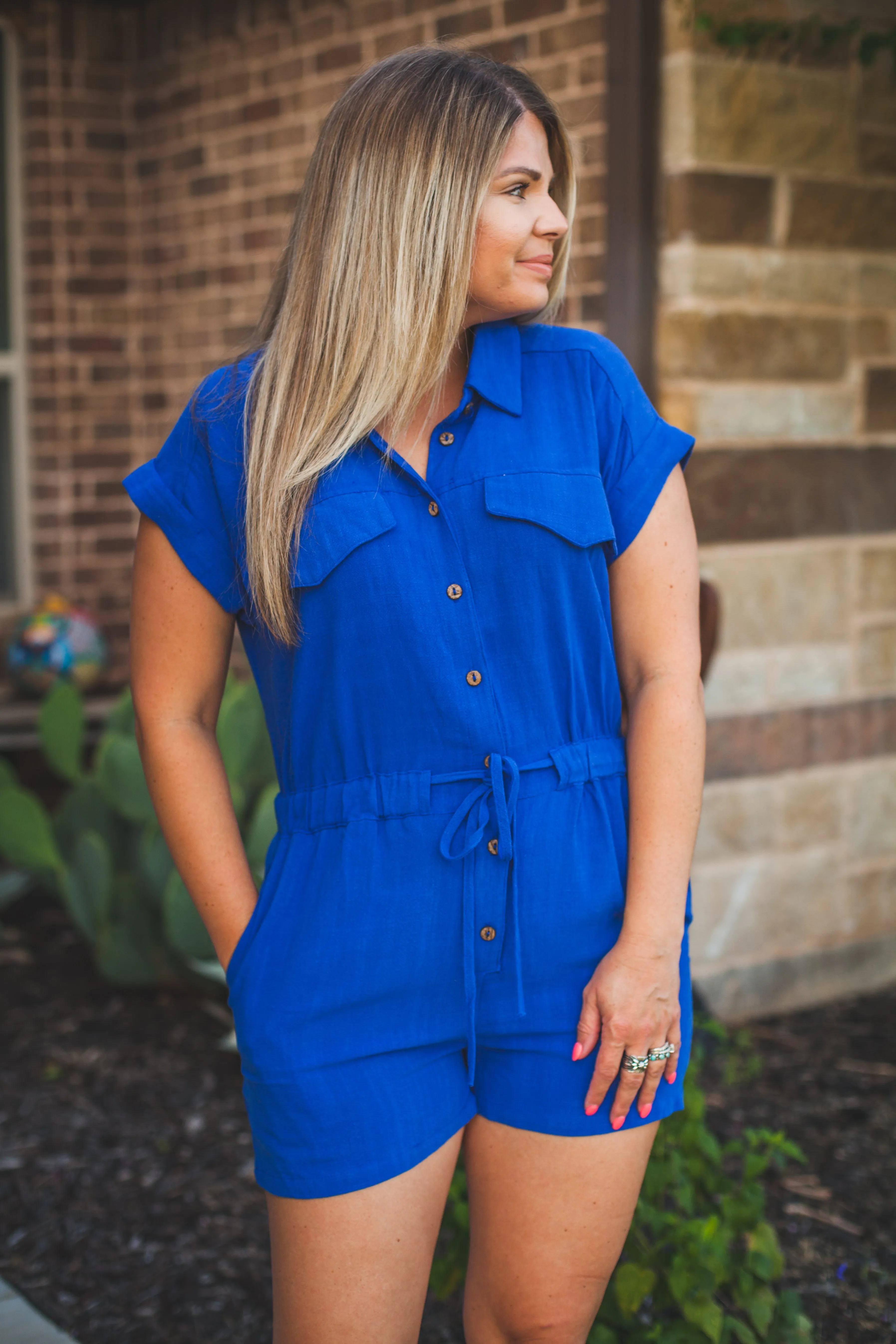 Short Sleeve Tie Waist Romper in Cobalt