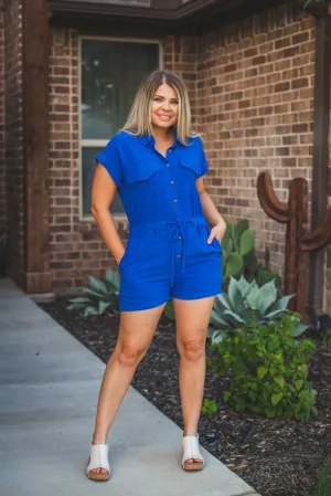 Short Sleeve Tie Waist Romper in Cobalt