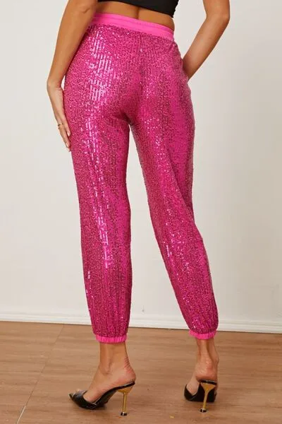 TEEK - Hot Pink Sequin Drawstring Pants with Pockets