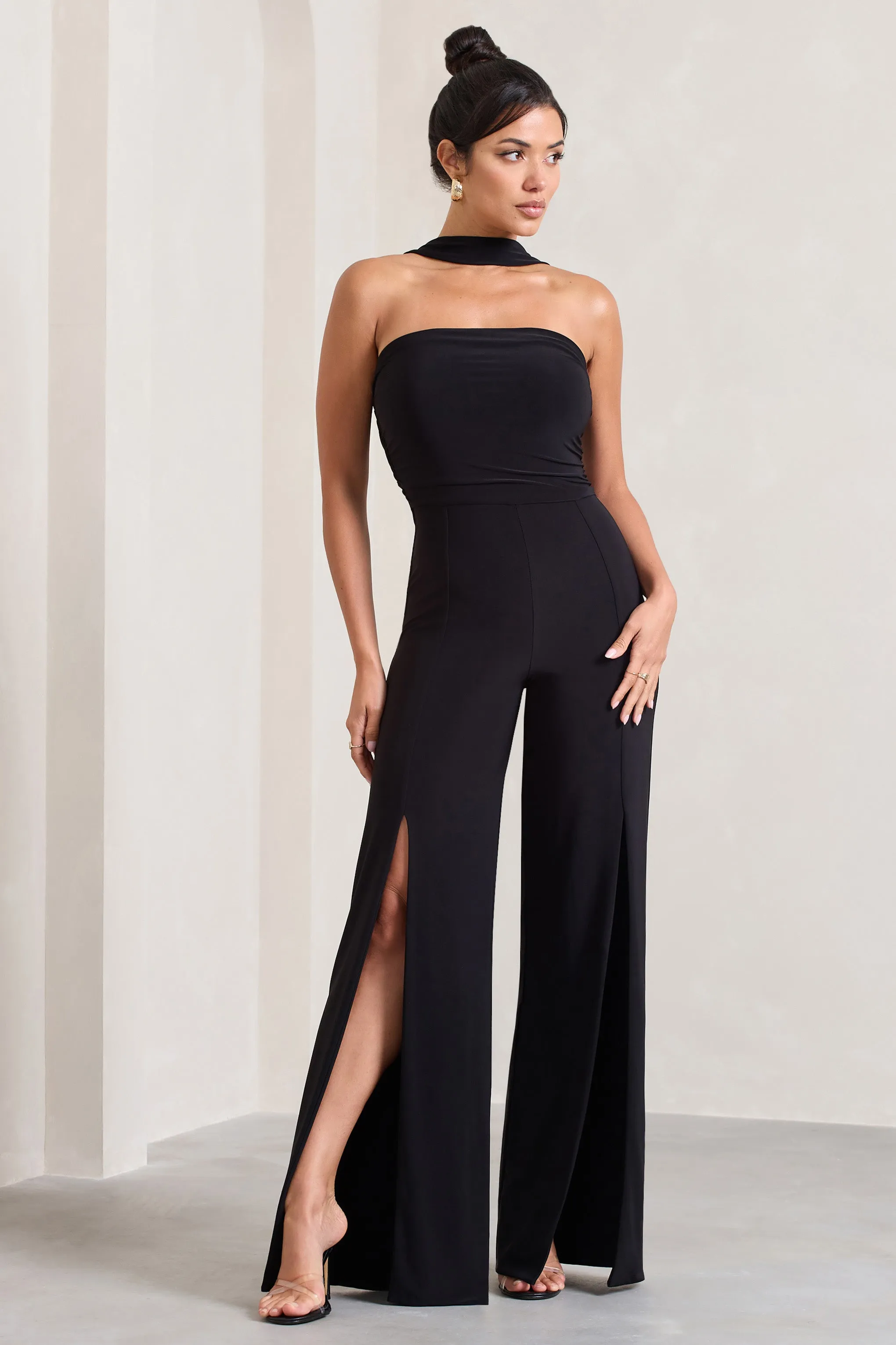 The Next Naomi | Black Halter-Neck Bandeau Split-Leg Jumpsuit