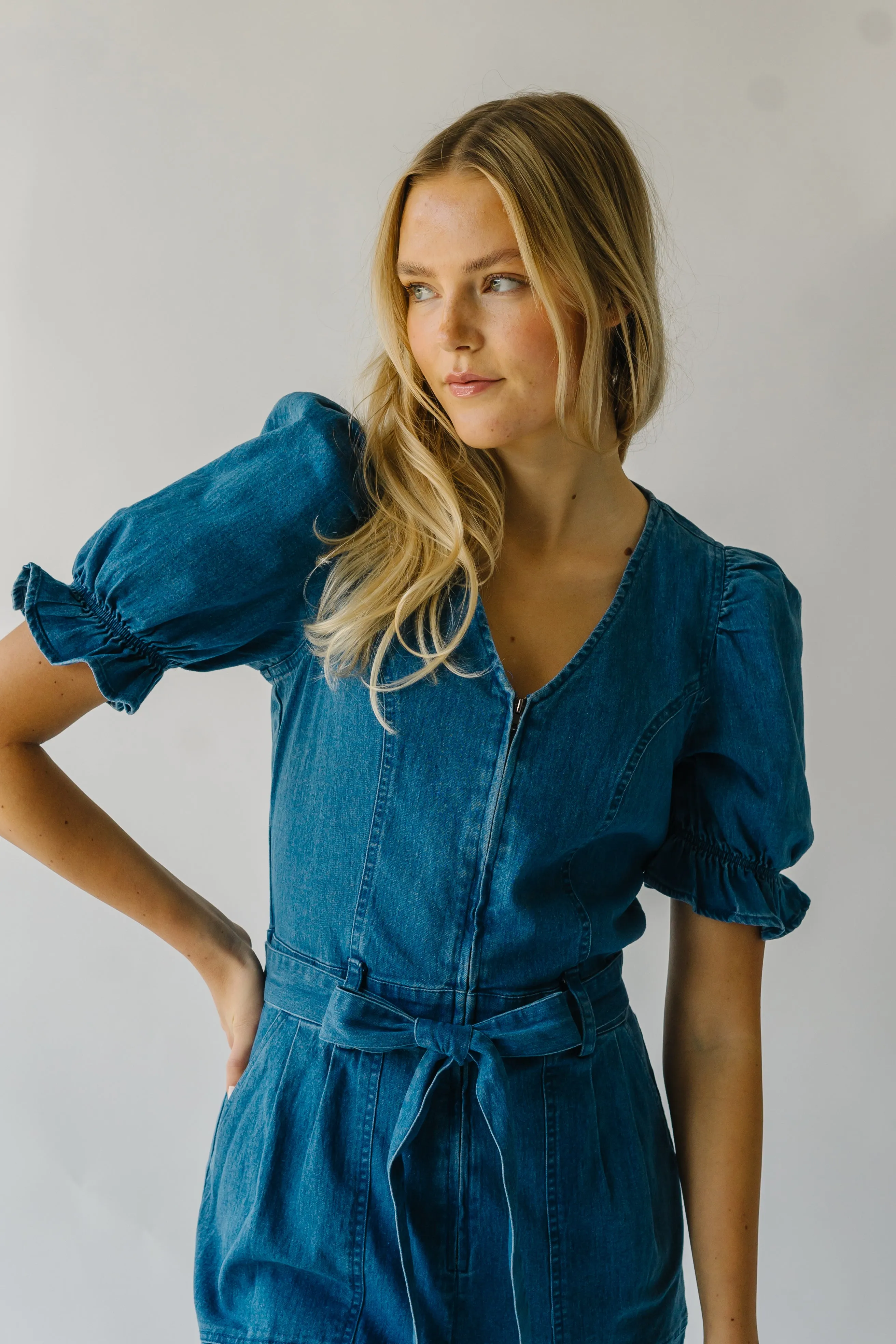 The Roxand Puff Sleeve Jumpsuit in Denim