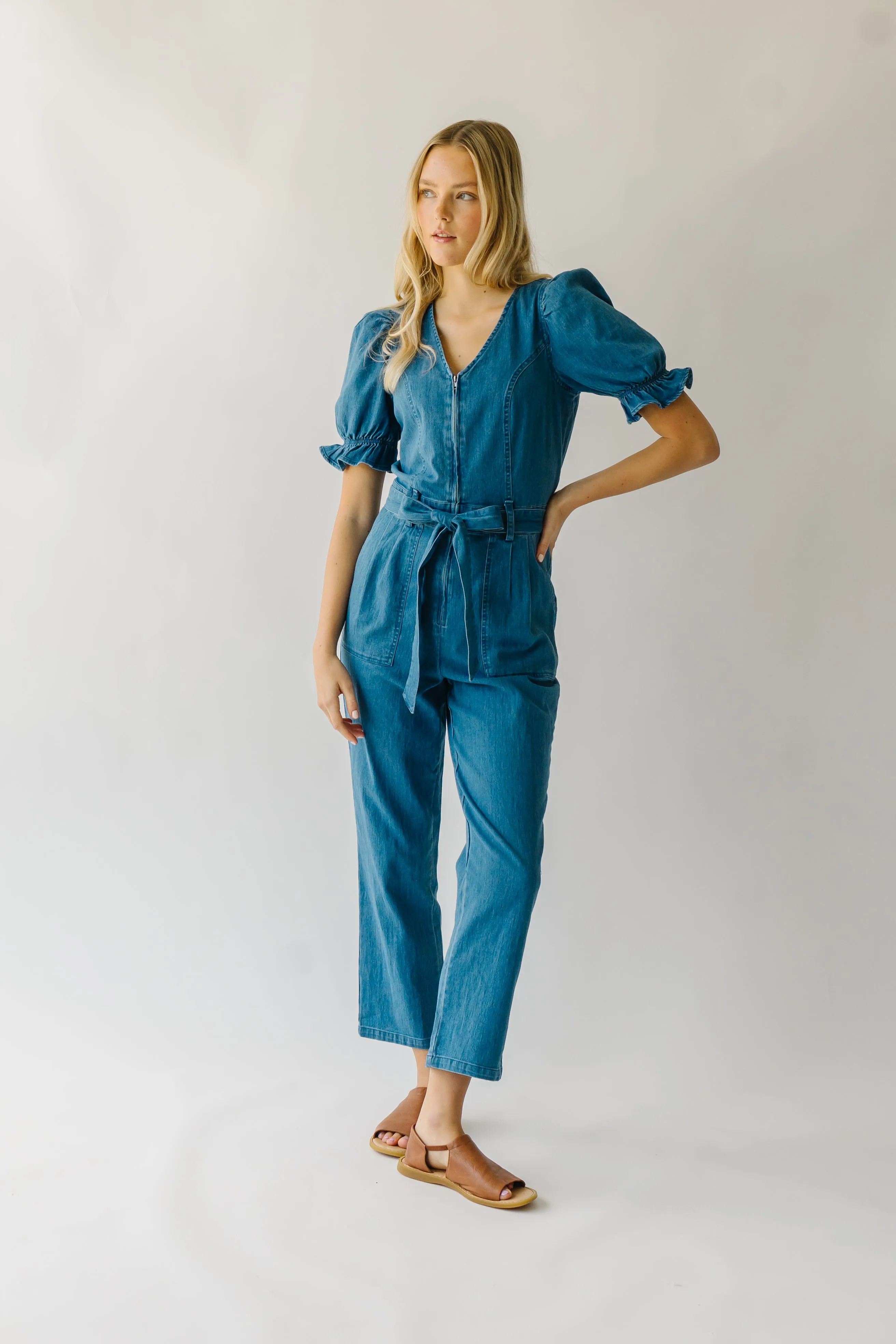 The Roxand Puff Sleeve Jumpsuit in Denim