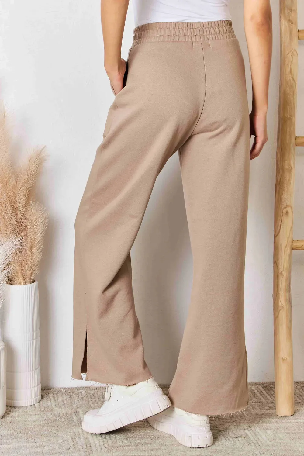 Wide Waistband Slit Wide Leg Pants