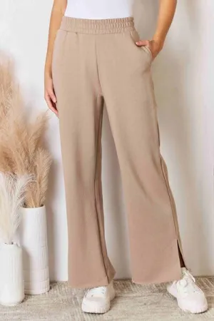 Wide Waistband Slit Wide Leg Pants