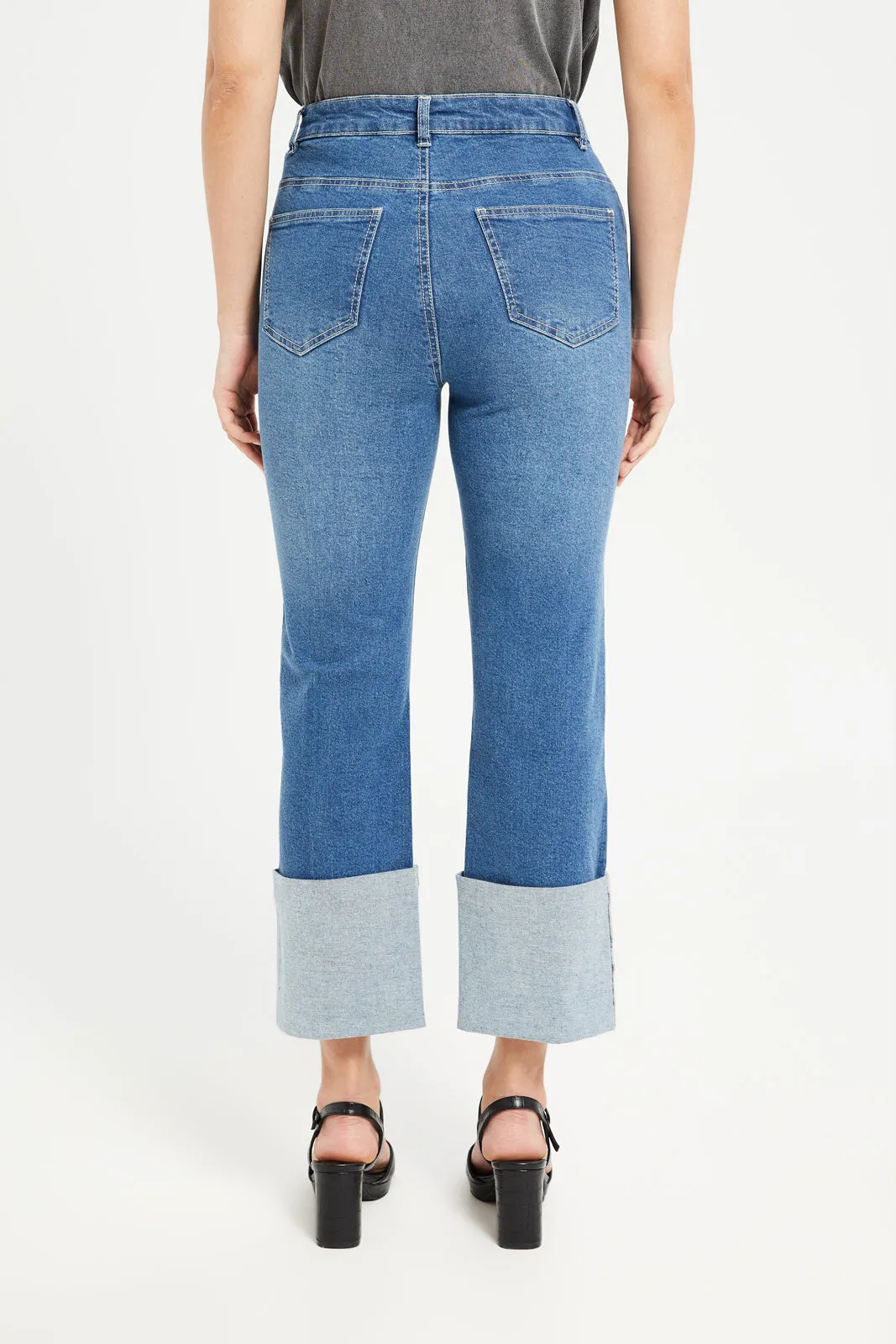 Women Blue Bottom Turn-Up Jeans