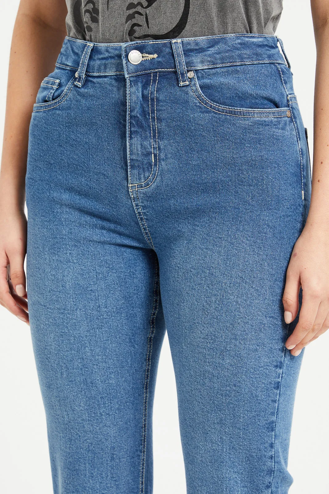 Women Blue Bottom Turn-Up Jeans