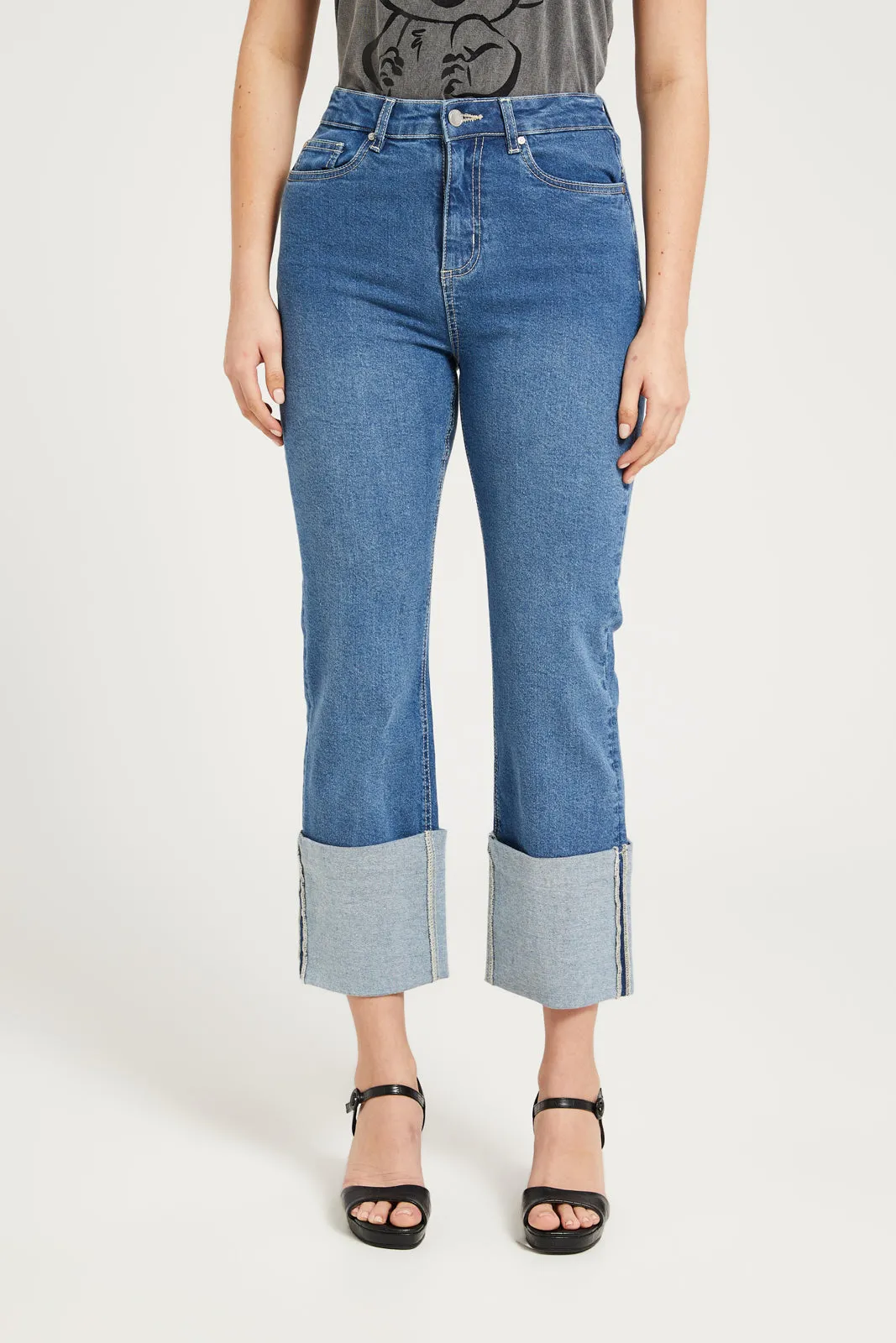 Women Blue Bottom Turn-Up Jeans