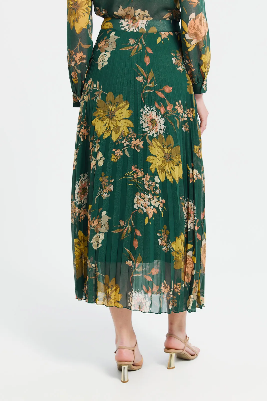 Women Green Floral Print Pleated Skirt