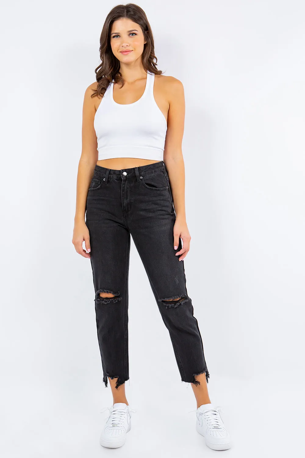 Women's American Bazi High Waist Distressed Cropped Straight Jeans