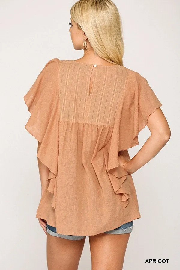 Women's Textured Ruffle Sleeve Tunic Top With Back Keyhole