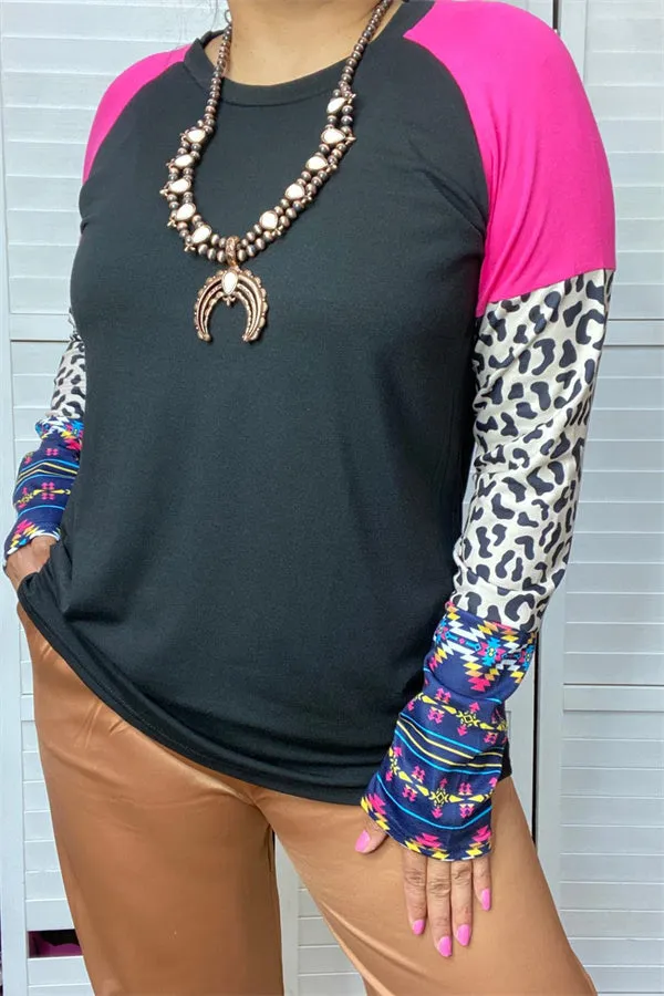 YMY14157 Black&fuchsia block  leopard and Aztec multi color printed long sleeve women tops(ES12)